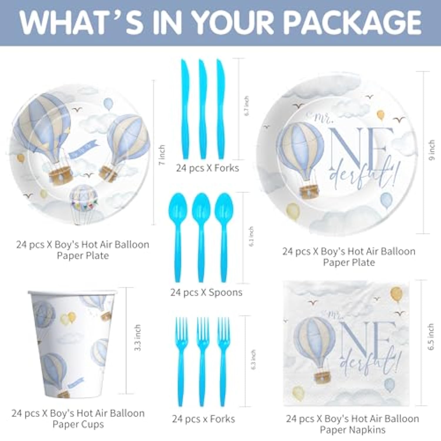 Hot Air Balloon 1St Birthday Party Supplies Boy, Mr Onederful Birthday Decorations, Plate, Napkin, Cup, Cutlery, Blue Hot Air Balloon First Birthday Party Decorations For 24 Guests