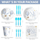 Hot Air Balloon 1St Birthday Party Supplies Boy, Mr Onederful Birthday Decorations, Plate, Napkin, Cup, Cutlery, Blue Hot Air Balloon First Birthday Party Decorations For 24 Guests