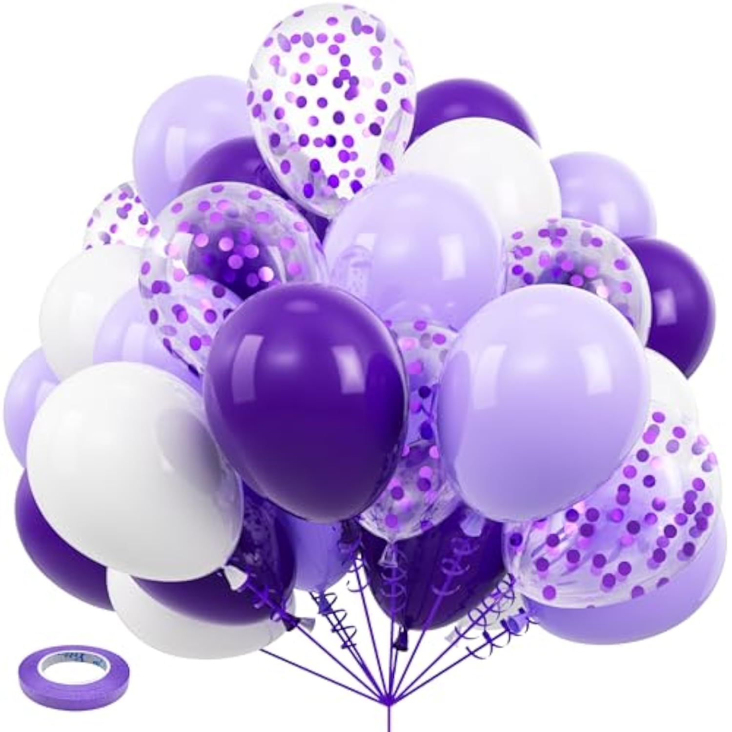 50 Pcs White & Purple Confetti Balloons with Ribbon (12")