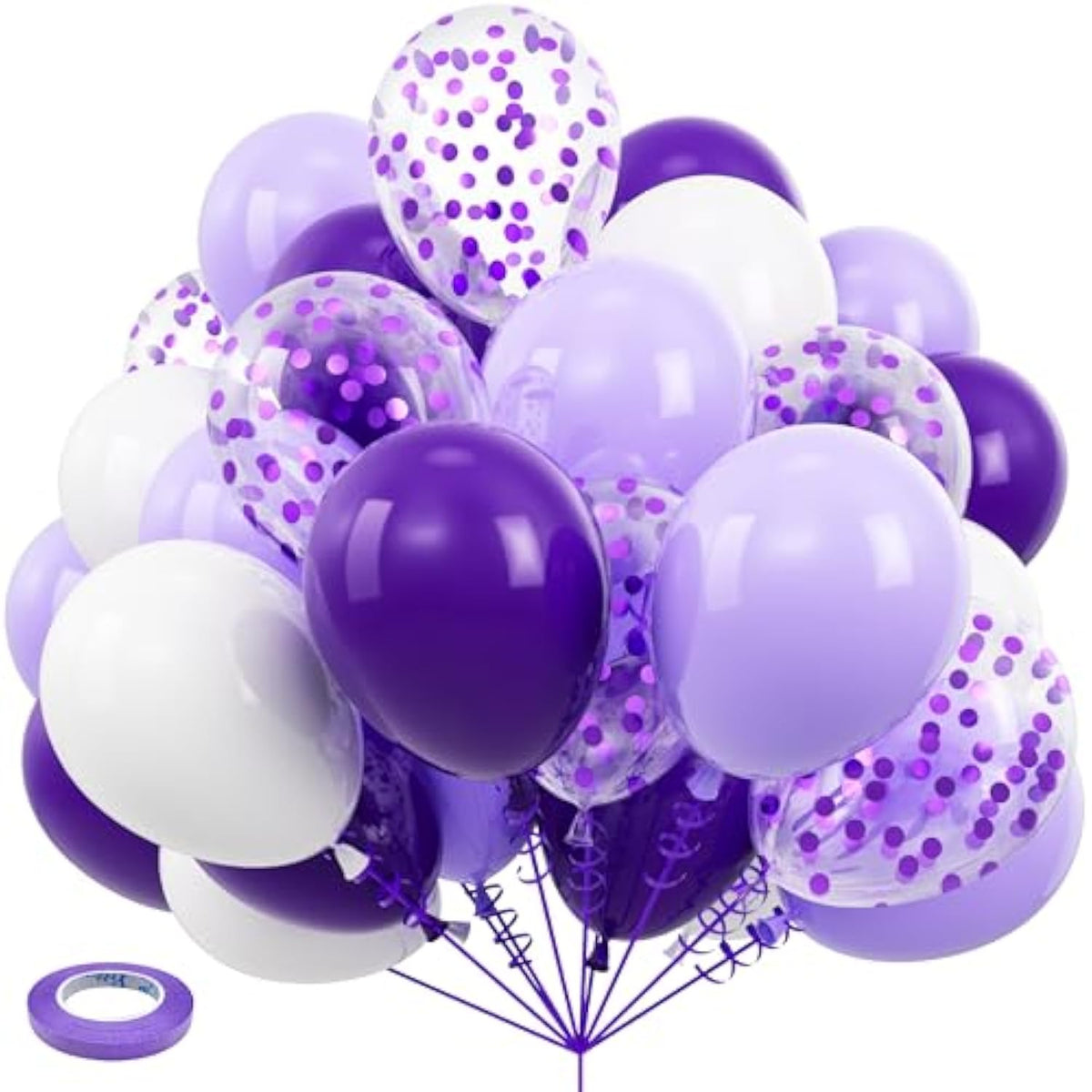 50 Pcs White & Purple Confetti Balloons with Ribbon (12")