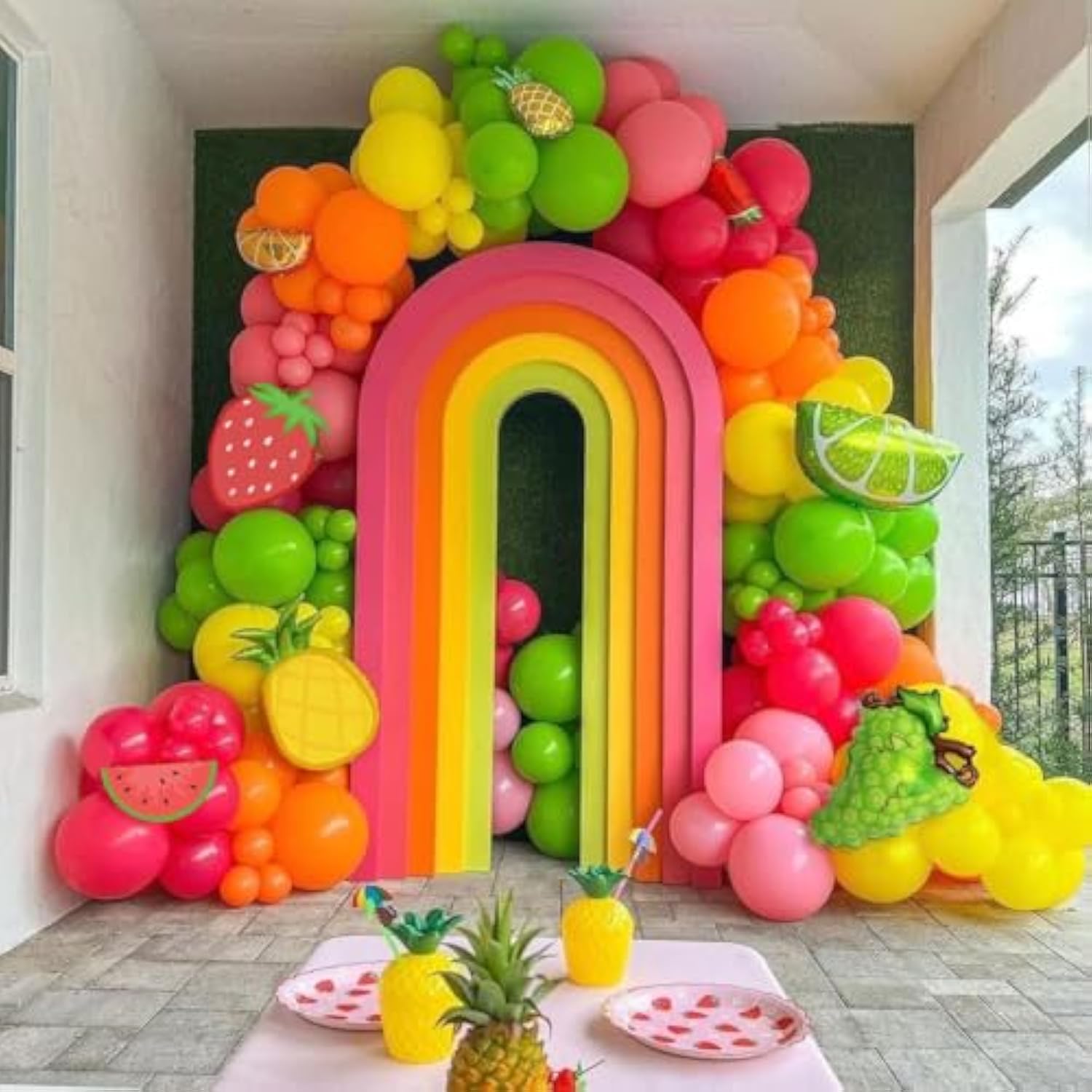 Fruit Balloon Garland Arch Kit Pink Rose Red Yellow Green Orange Balloons With Watermelon Strawberry Lemon Orange Foil Balloons For Twotti Fruity Party Decorations Sweet Birthday Party