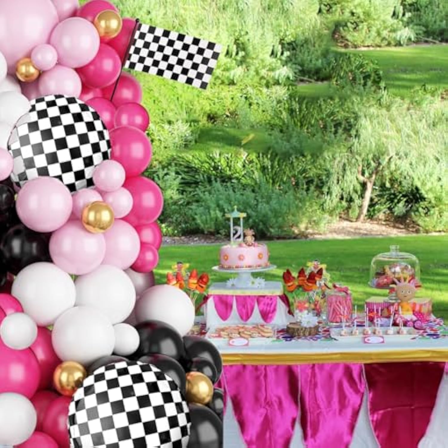 Pink Race Car Balloon Arch Garland Kit, Hot Pink Black Balloons Arch With Black And White Plaid Foil Balloons For Kids Girls Racing Car Theme Birthday Baby Shower Party Decorations