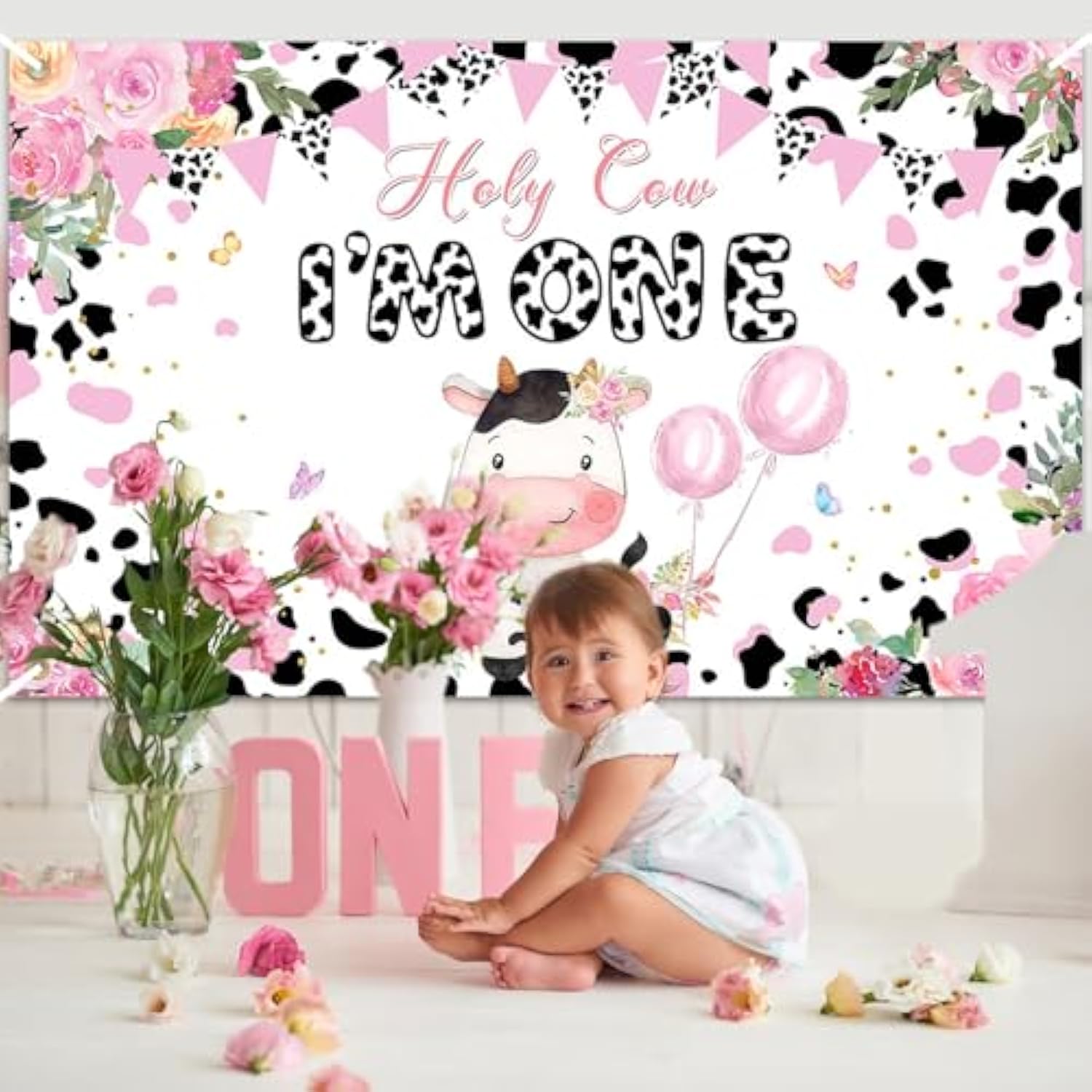 Holy Cow I'M One Birthday Backdrop Flower Farm 1St Birthday Party Decorations Holy Cow I'M One Banner 70.8 X 43.3 Inch