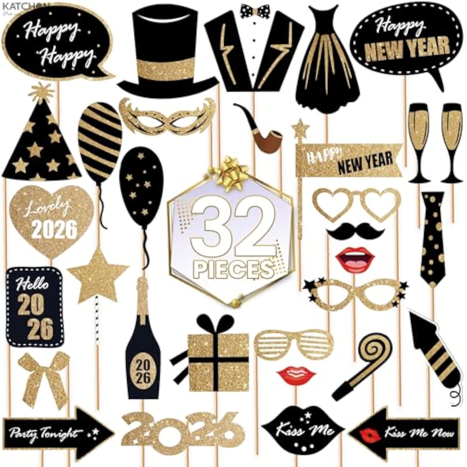32 Pc 2026 Glitter New Year Photo Booth Props for Party Decorations