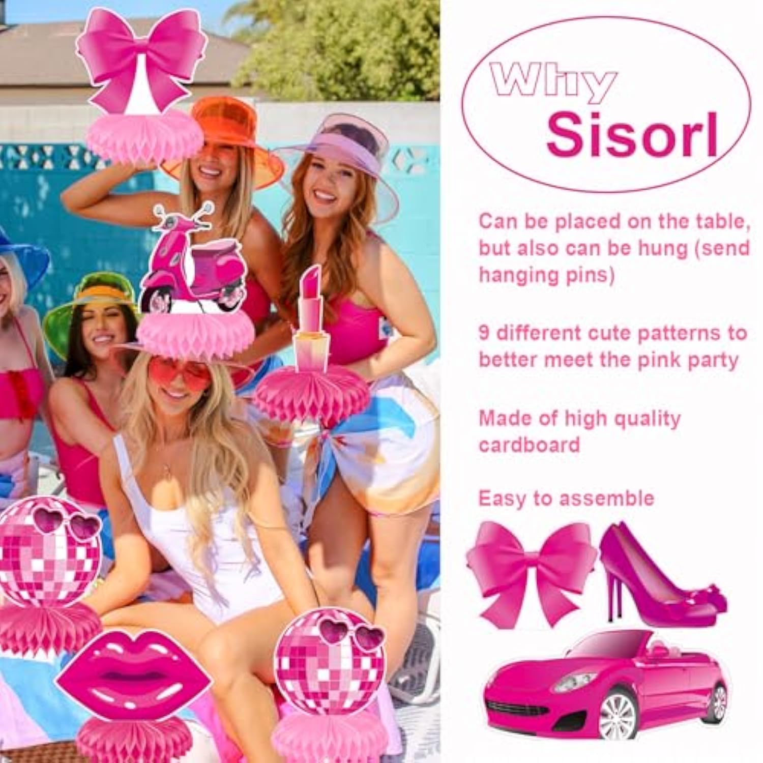 9pcs Pink Princess Honeycomb Centerpieces for Girls Birthday, Bridal & Baby Shower