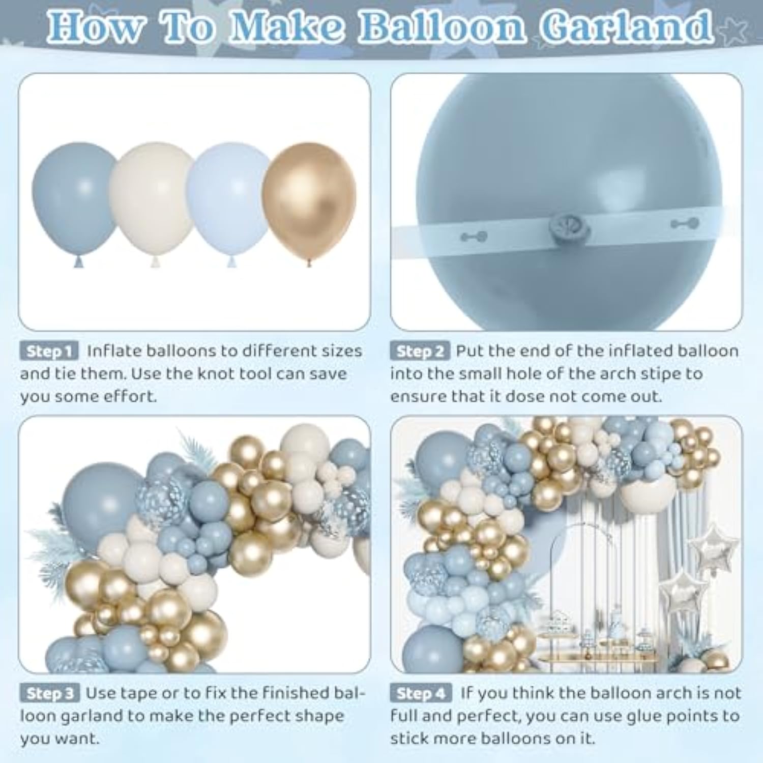 Dusty Blue Balloon Arch Kit: Gold, White, Confetti Balloons