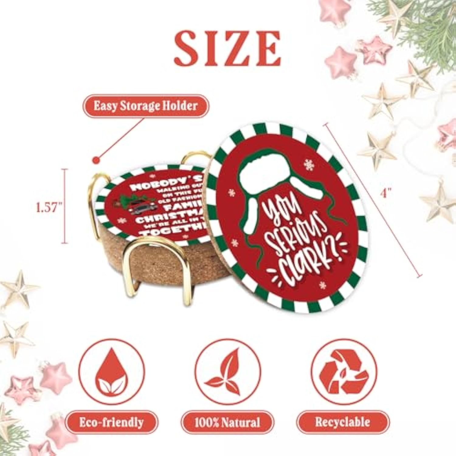 Christmas Vacation Merch Gift, 6 Pcs Funny Holiday Coasters With Metal Holder, Griswold Family Cousin Eddie Christmas Vacation Decorations, Xmas Home Table Decor Party Supplies, White Elephant Gifts