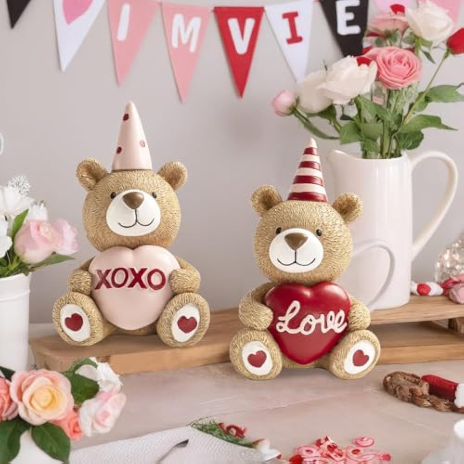 2 Pcs Valentines Day Figurines, Resin Small Teddy Bear Table Top Indoor Decorations For Home, Valentine'S Day Wedding Love Xoxo Tabletop Centerpieces Shelf Mantel Tiered Tray Desk Decor