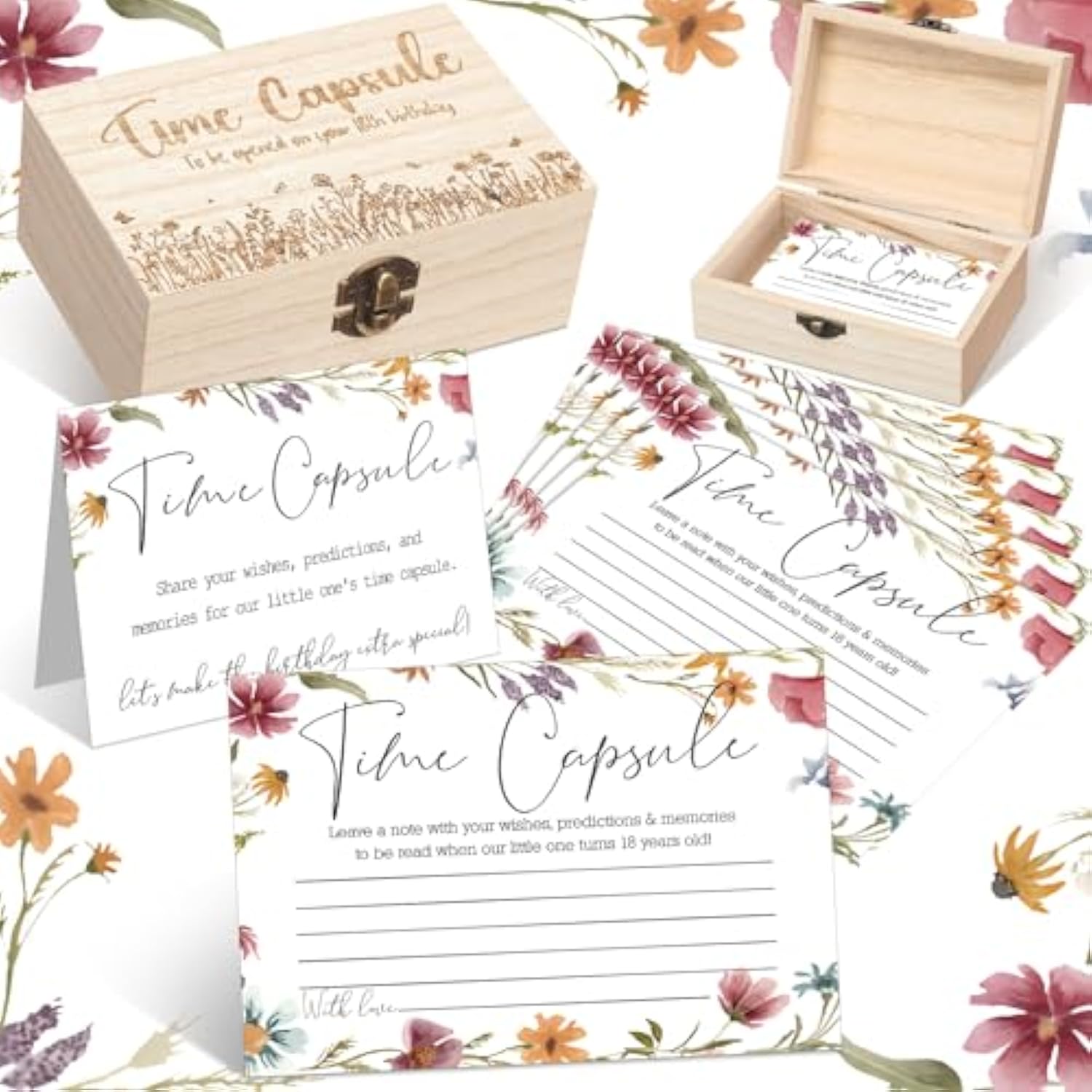 Time Capsule Box 1St Birthday Baby Time Capsule First Birthday Party Games, 1St Activities For Guests, Advice And Wishes Cards Gift Keepsake For Baby Shower Party Supplies(Wildflower)