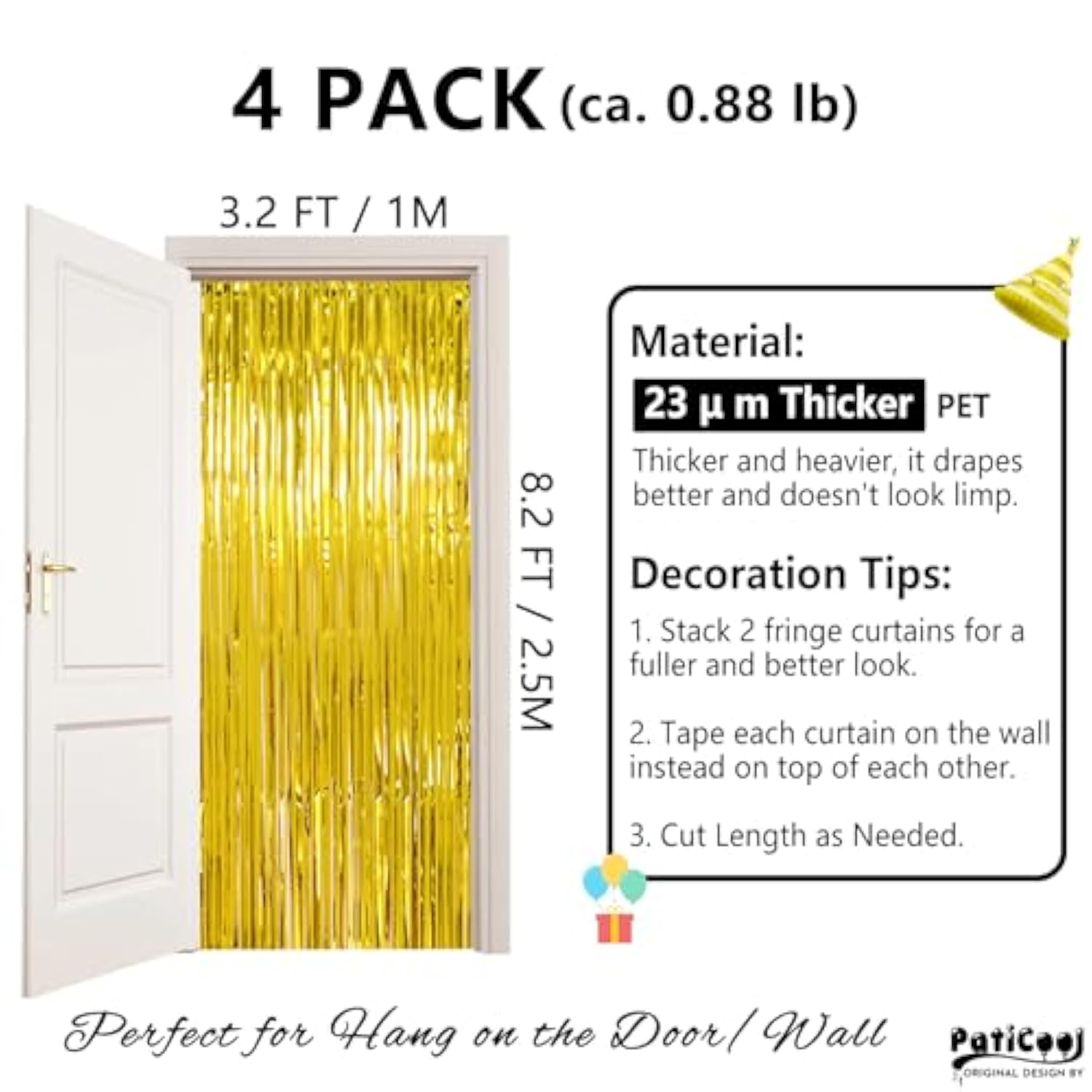 Thicken Gold Streamers 4 Pack 3.2 X 8.2 Ft, Golden Tinsel Backdrop Curtains, Foil Fringe Photo Backdrop For Birthday, Prom, Hollywood, Anniversary Party Decorations