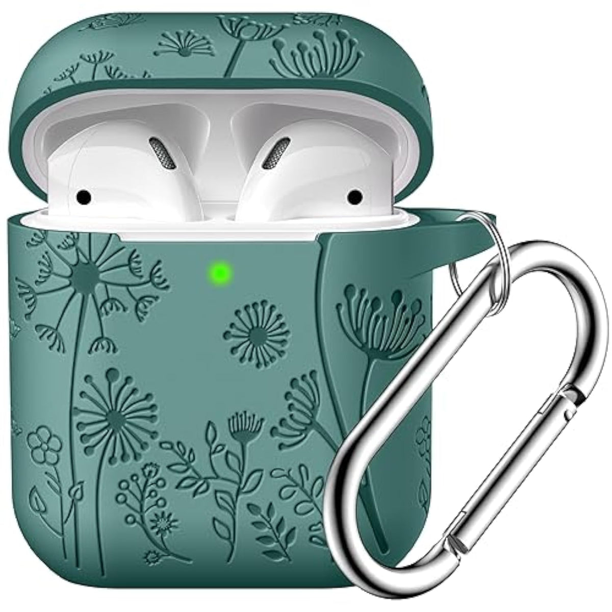 Flower Engraved Cover For Airpods Case, Stylish Soft Silicone Protector With Keychain Compatible With Apple Airpod 1St/2Nd Generation Charging Case, Front Led Visible, Pine Green