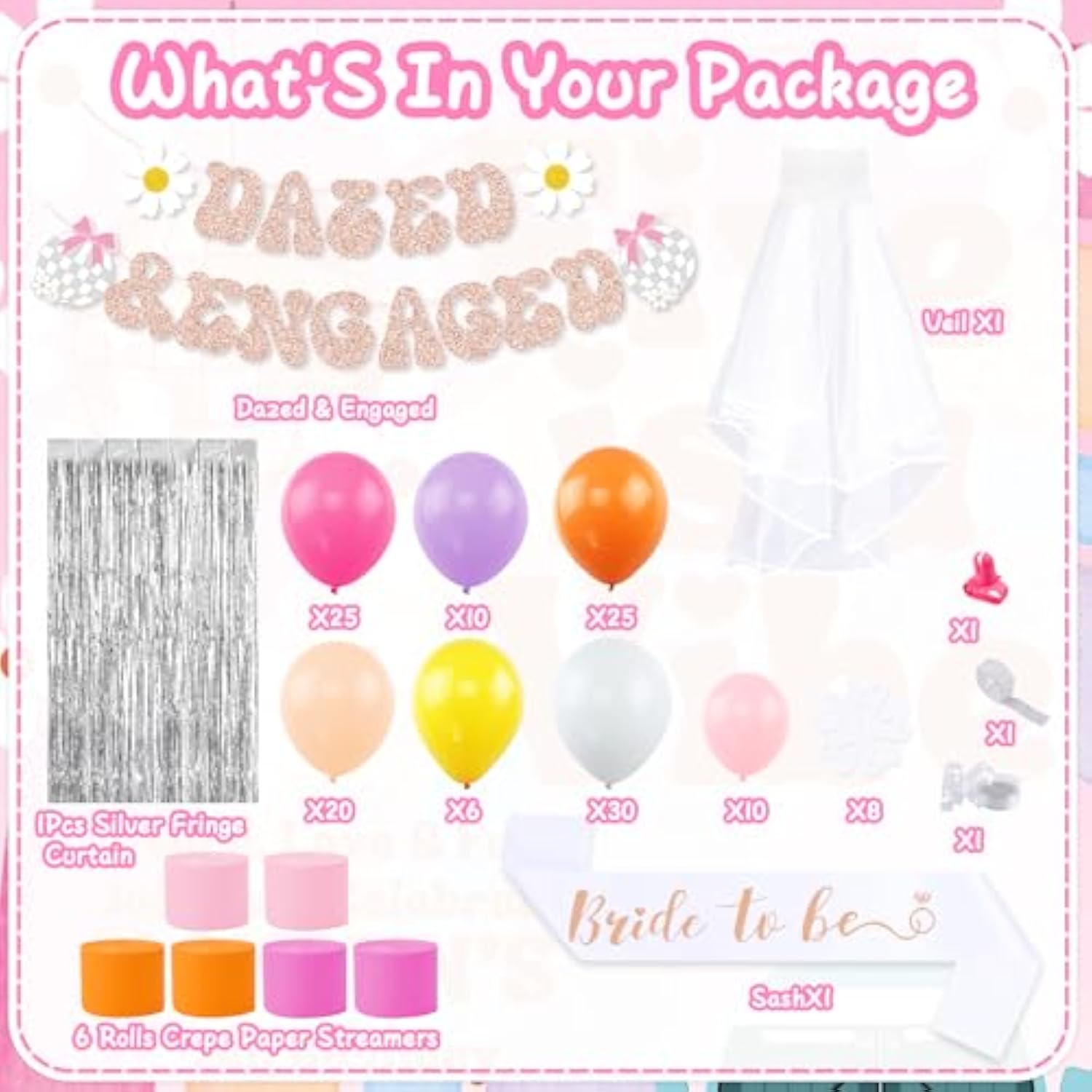 Dazed And Engaged Bachelorette Decorations, 70S Retro Groovy Bachelorette Party Decoration, Pink Orange Daisy Groovy Balloon Arch Bridal Shower Party Fringe Backdrop, Bride To Be Sash And Veil