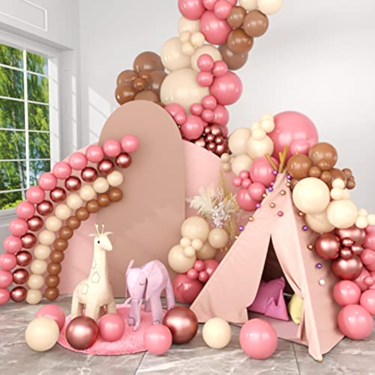 Boho Balloon Garland Arch Kit With Pink Chocolate Coloured Ivory White