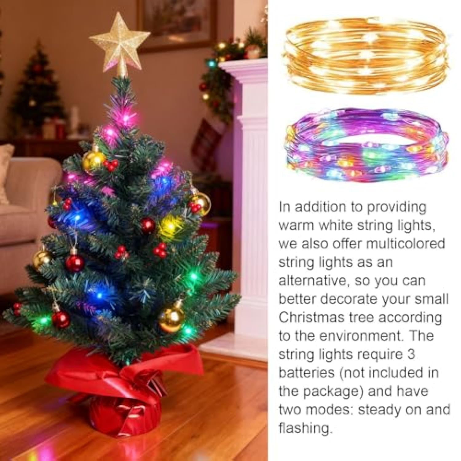 24 Inch Tabletop Christmas Tree, Artificial Mini Xmas Pine Tree With Led String Lights And Ornaments,Christmas Decoration Tree Decor-Red