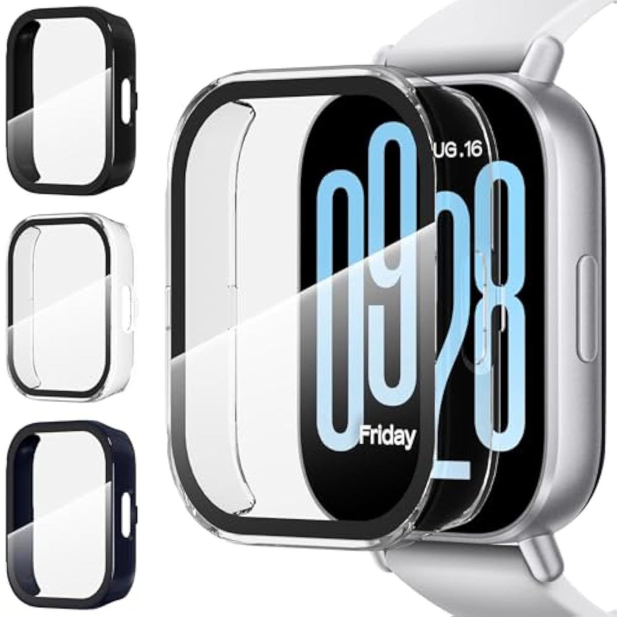 3-Pack For Redmi Watch 5 Active Case, [Anti-Scratch] Tempered Glass Screen Protector, All-Round Hard Pc Protective Cover Bumper -Black+Clear+Blue