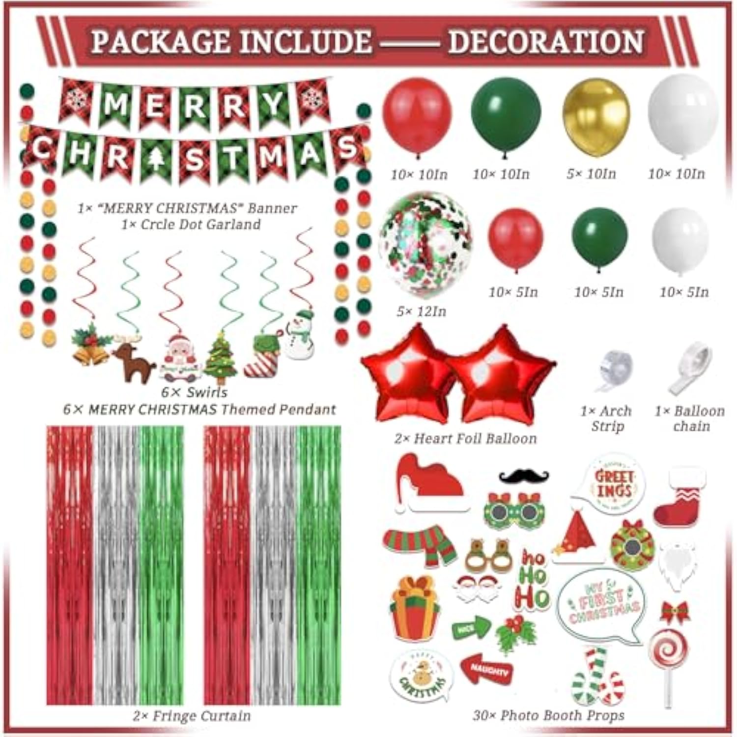 131 Pcs? Christmas Decorations Indoor, Christmas Party Supplies - "Merry Christmas" Banner, Photo Prop, Balloon Party Kit, Hanging Swirl, Fringe Curtain