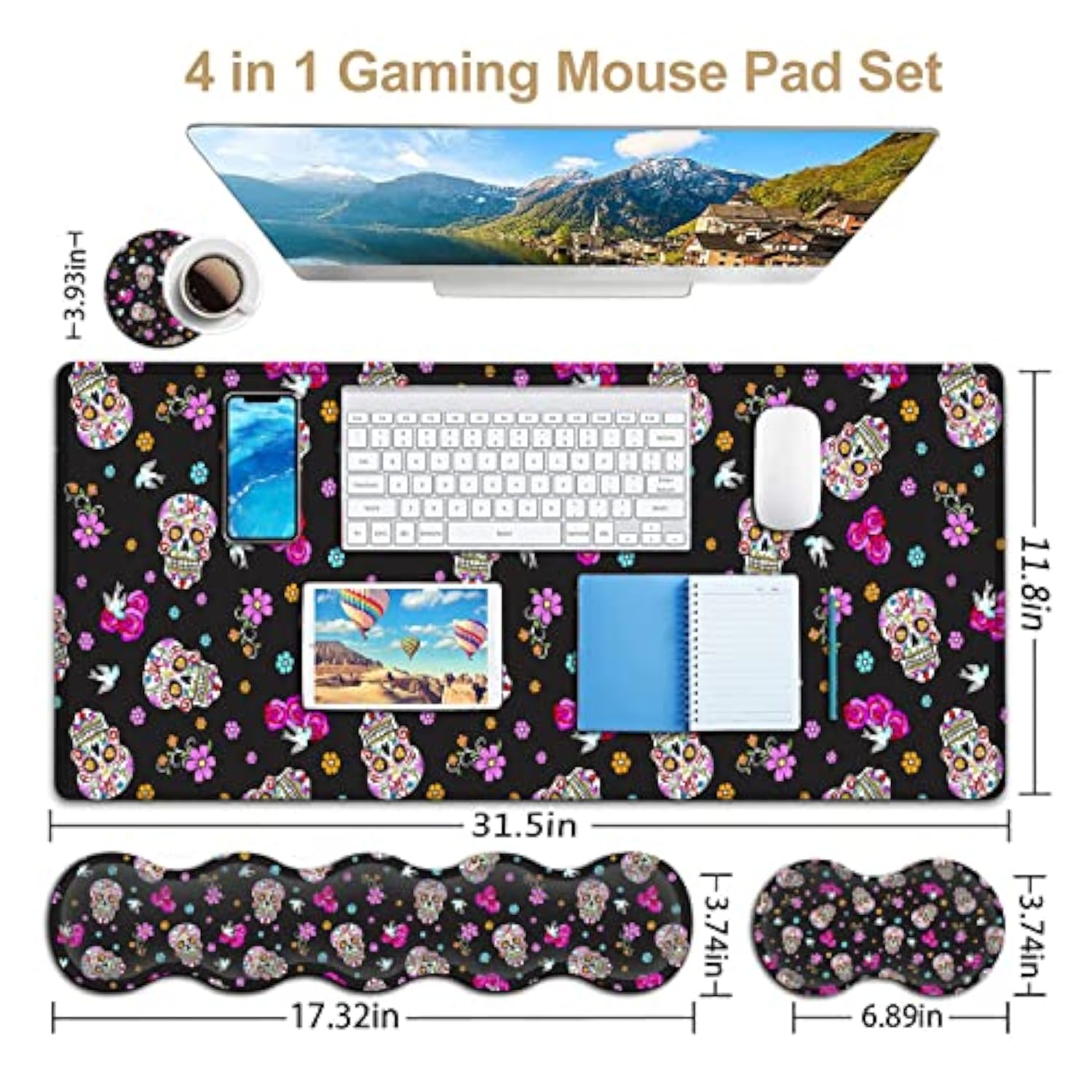 Gaming Mouse Pad Set, Large Mouse Pad And Ergonomic Memory Foam Keyboard Wrist Rest Support, Easy Typing Pain Relief Writing Mat, Extended Office Desk Mat Cute Funy Sugar Skull Black Mouse Pad