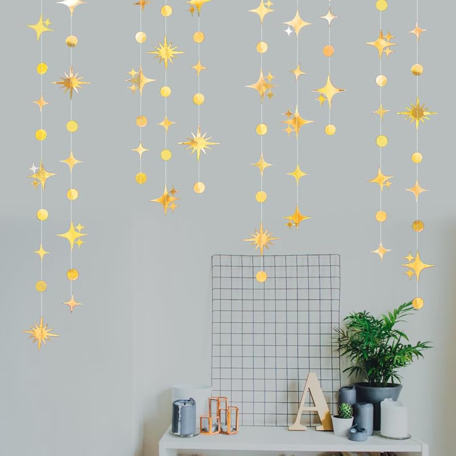 Glitter Gold Star Circle Dot Garland 30 Feet Twinkle Gold Star Circle Dot Ceiling Hanging Banner Backdrop For Birthday Wedding Baby Shower Graduation Disco Party Decorations