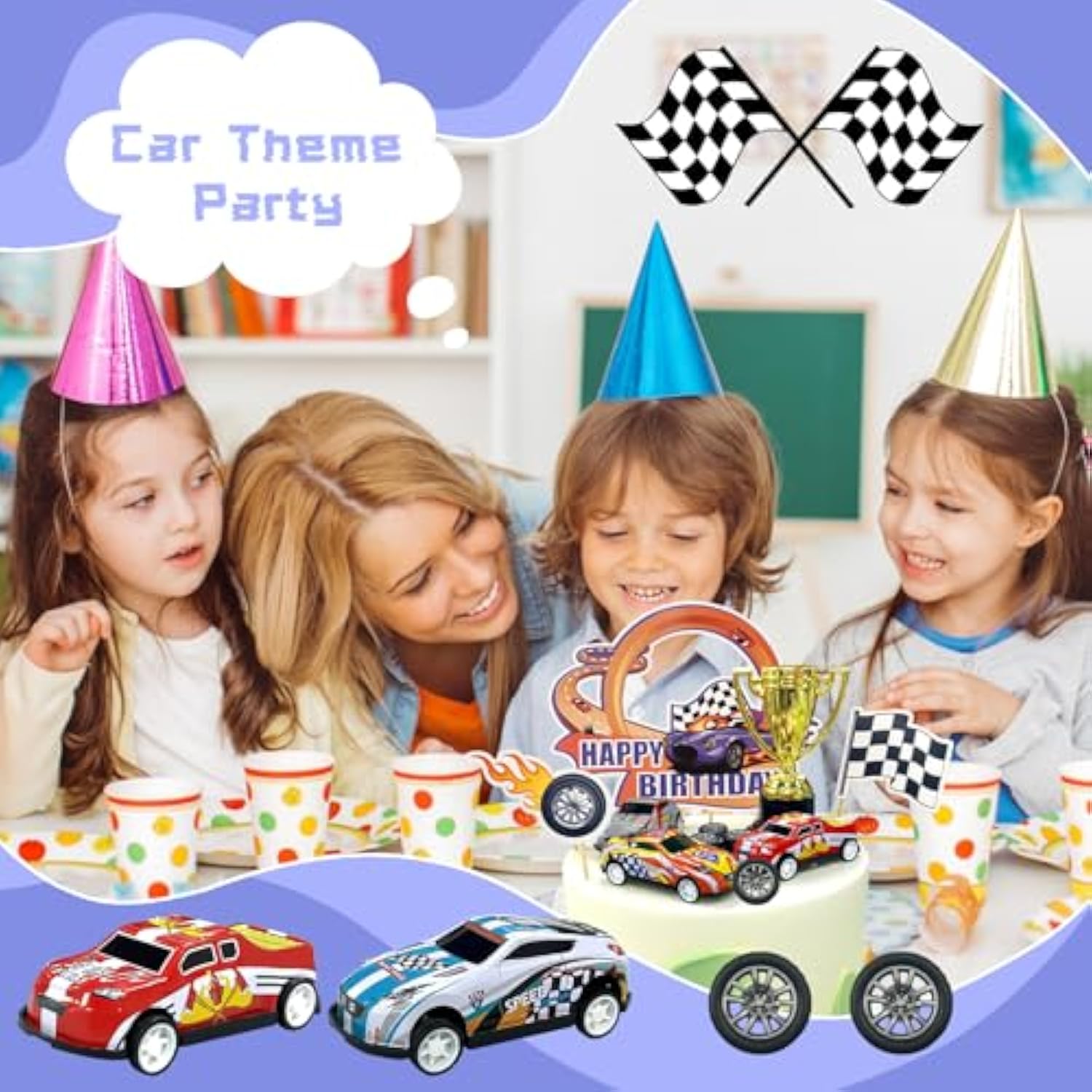 Race Car Birthday Cake Decoration 24Pcs Racing Car Cake Toppers Checkered Flag Cars Cake Cupcake Decorations For Man Boy Kid Racing Cars Theme Birthday Supplies Party Favors