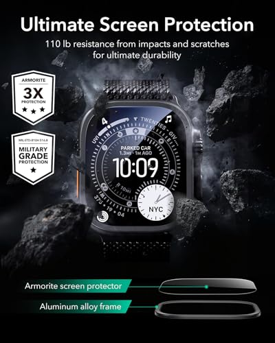 Armorite Screen Protector For Apple Watch Ultra 3 2025 /Ultra 2 /Ultra (49 Mm), Military Grade Protection, Tempered Glass Film With Aluminum Alloy Frame, Anti-Scratch, 2 Pack, Black