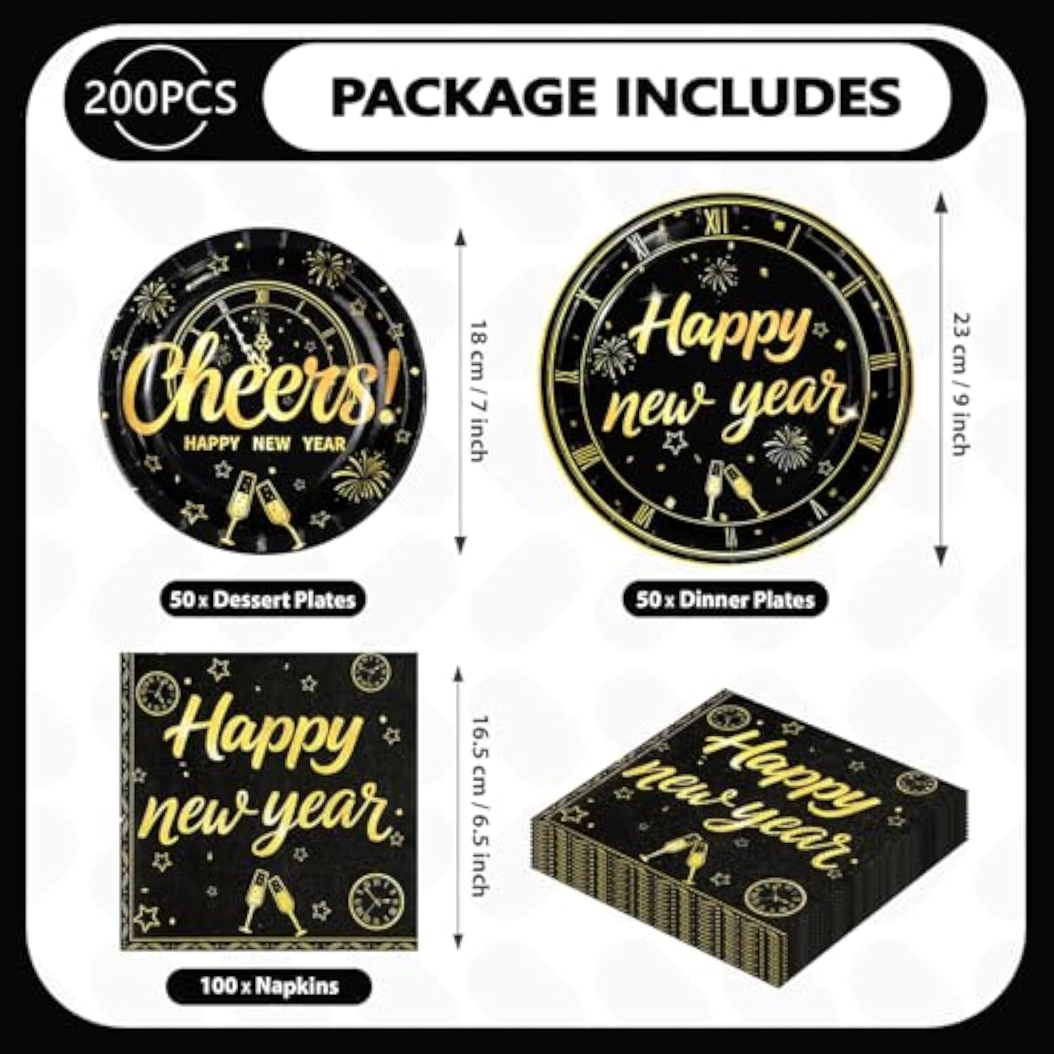 200Pcs Happy New Year 2026 Party Decorations Black Gold Firework Paper Plates And Napkins Disposable Cheers To 2026 Tableware Sets For New Year'S Eve Christmas Holiday Birthday Decorations, Serves 50