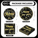 200Pcs Happy New Year 2026 Party Decorations Black Gold Firework Paper Plates And Napkins Disposable Cheers To 2026 Tableware Sets For New Year'S Eve Christmas Holiday Birthday Decorations, Serves 50