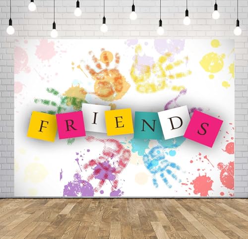 7x5ft Fabric Friends Theme Backdrop Splashed Ink Handprint Rainbow Color Friends Background Friendship Theme Party Decorations Banner School Event Photoshoot Props