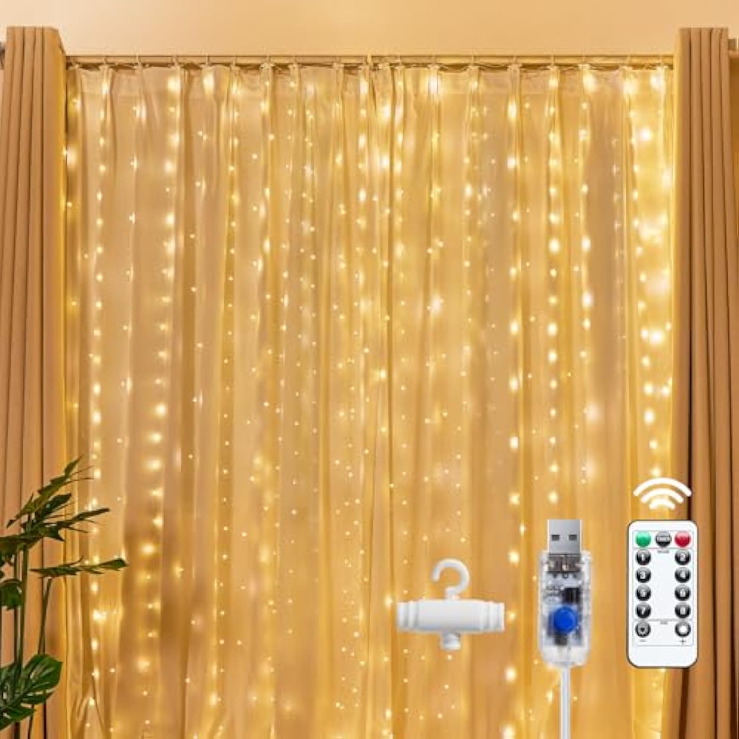 300 Led Fairy Curtain Lights, 9.8Ft X 9.8Ft Warm White Curtain String Lights, Usb Plug In 8 Lighting Modes Christmas Dec