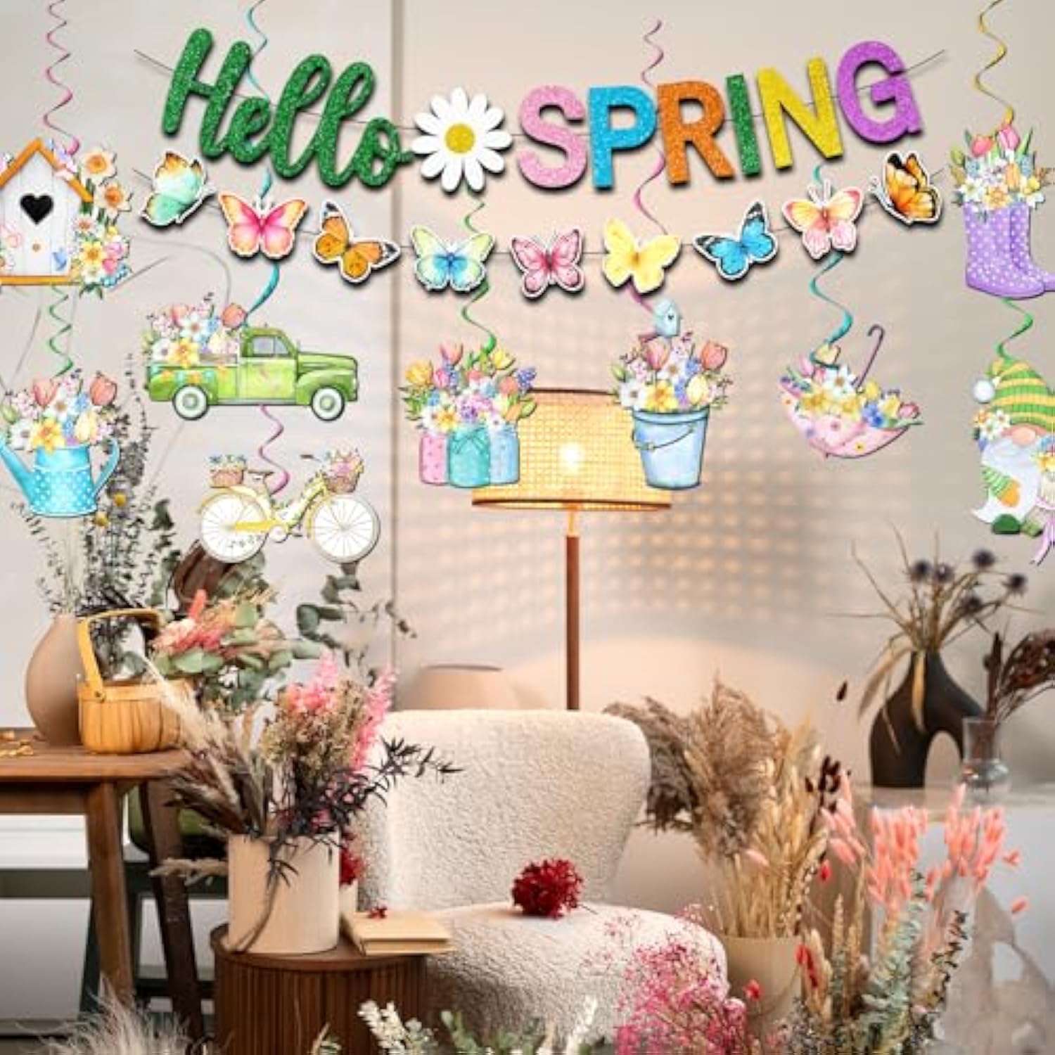 Spring Decorations Banner,Spring Party Decorations Includes Hello Spring Banner And Butterfly Spring Hanging Swirls, Spring Decorations For Office Home Classroom