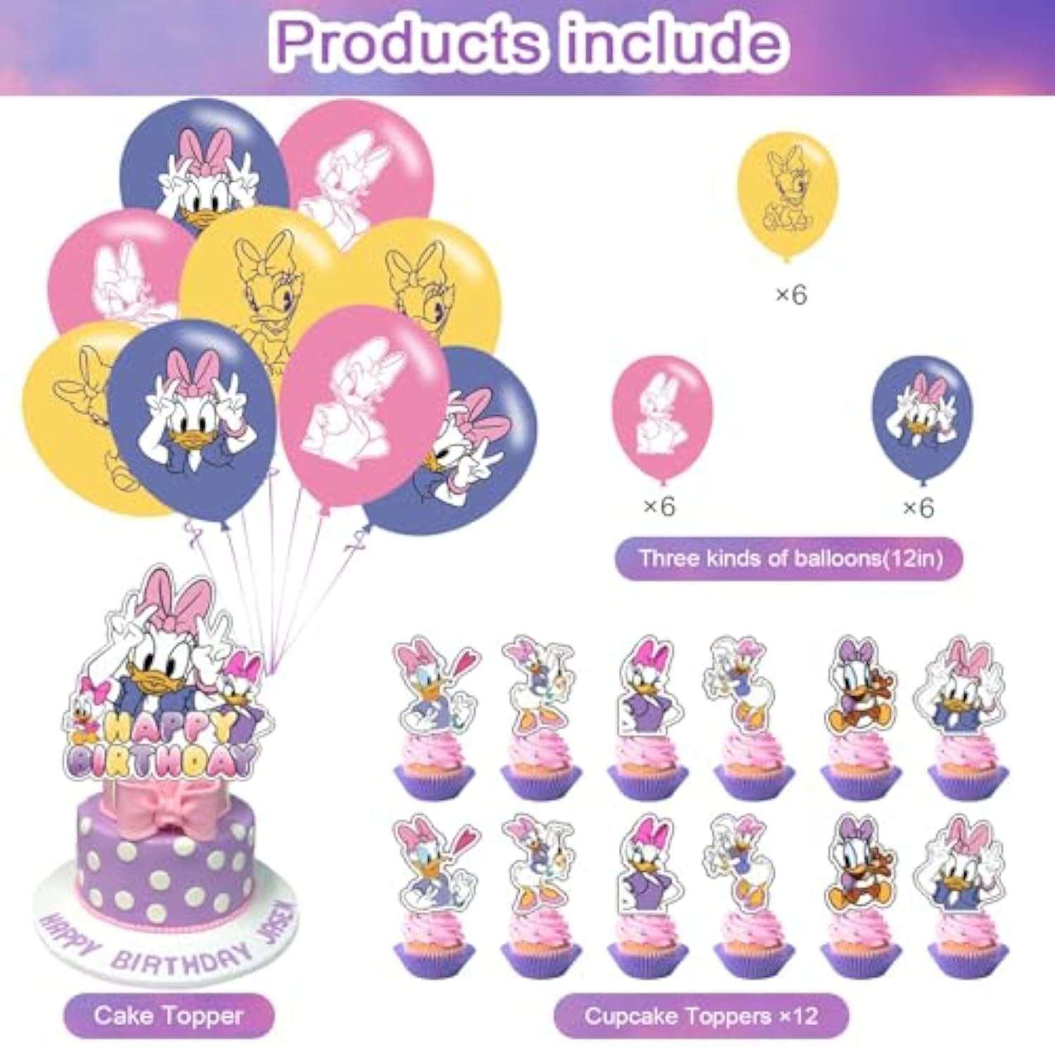Daisy Duck Party Set - Movie Banner, Cake Topper, Latex Balloons for Fans