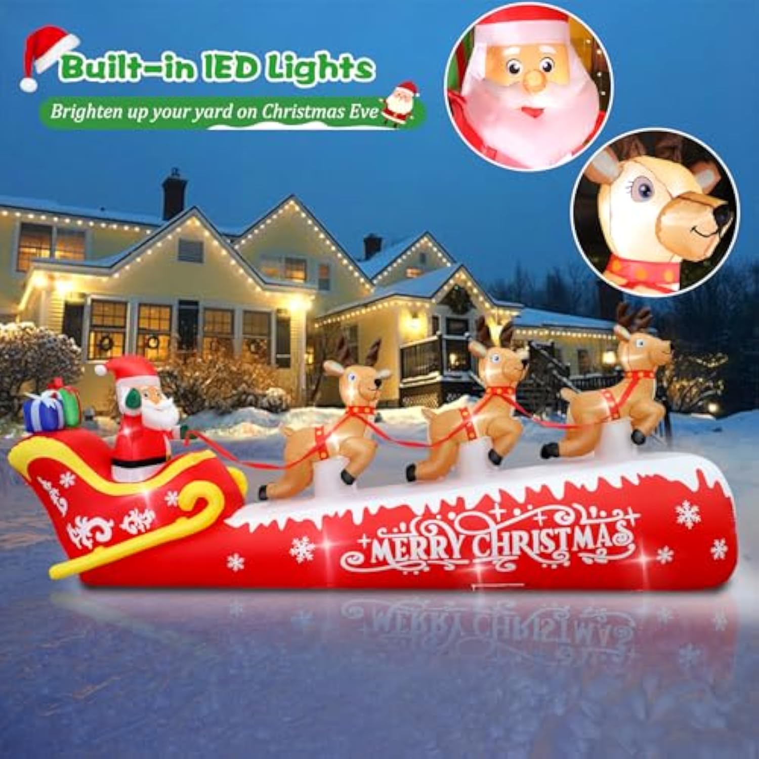 12Ft Christmas Inflatable Santa Claus On Sleigh With 3 Reindeers Outdoor Decorations, Giant Christmas Blow Up Yard Decor