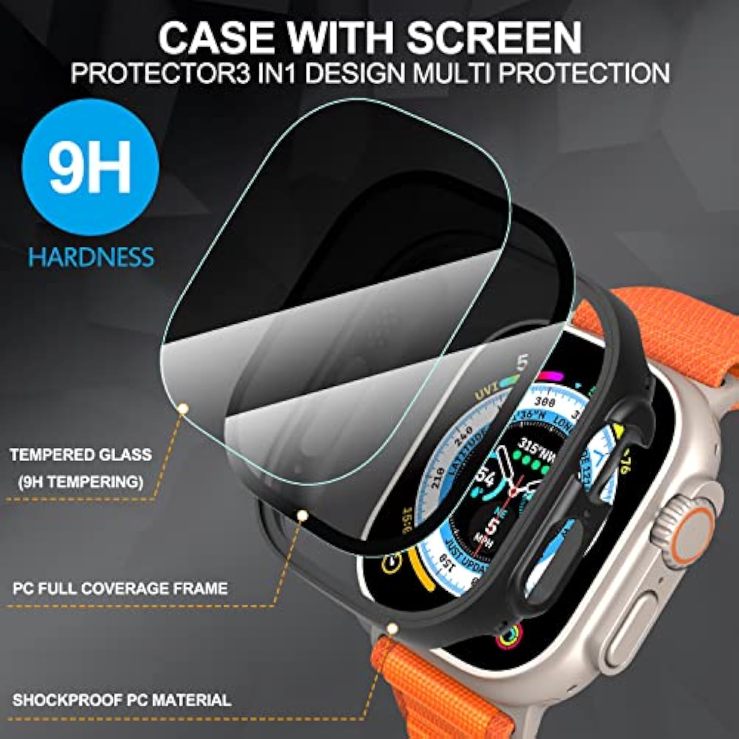 3 In 1 For Apple Watch Ultra 3/2/1 49Mm Waterproof Case, Front Privacy Tempered Glass Screen Protector + Back 360° Protective Bumper Cover-Black