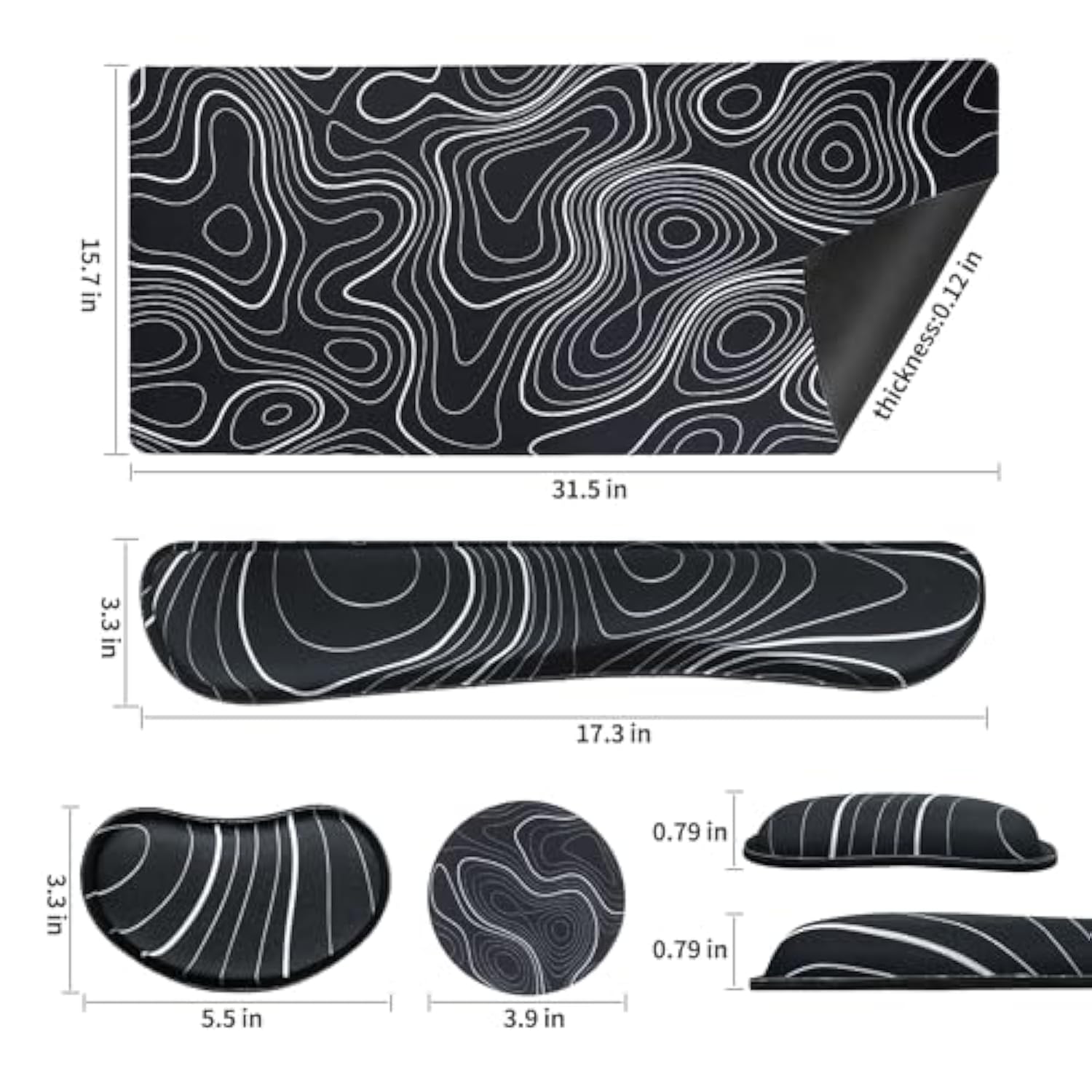 Large Gaming Mouse Pad Xl Desk Mat, 4-In-1 Mouse Pad With Wrist Rest, Large Desk Pad, Keyboard Pad For Office/Home-Black And White Topography (31.5 X 15.7 X 0.12 Inches)