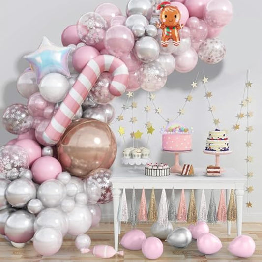 Pink And Silver Balloon Arch Kit, 120 Pcs White Valentines Balloons With 4D Rose Gold Iridescent Snowflake Balloons For Winter Wonderland Girls Princess Birthday Decor