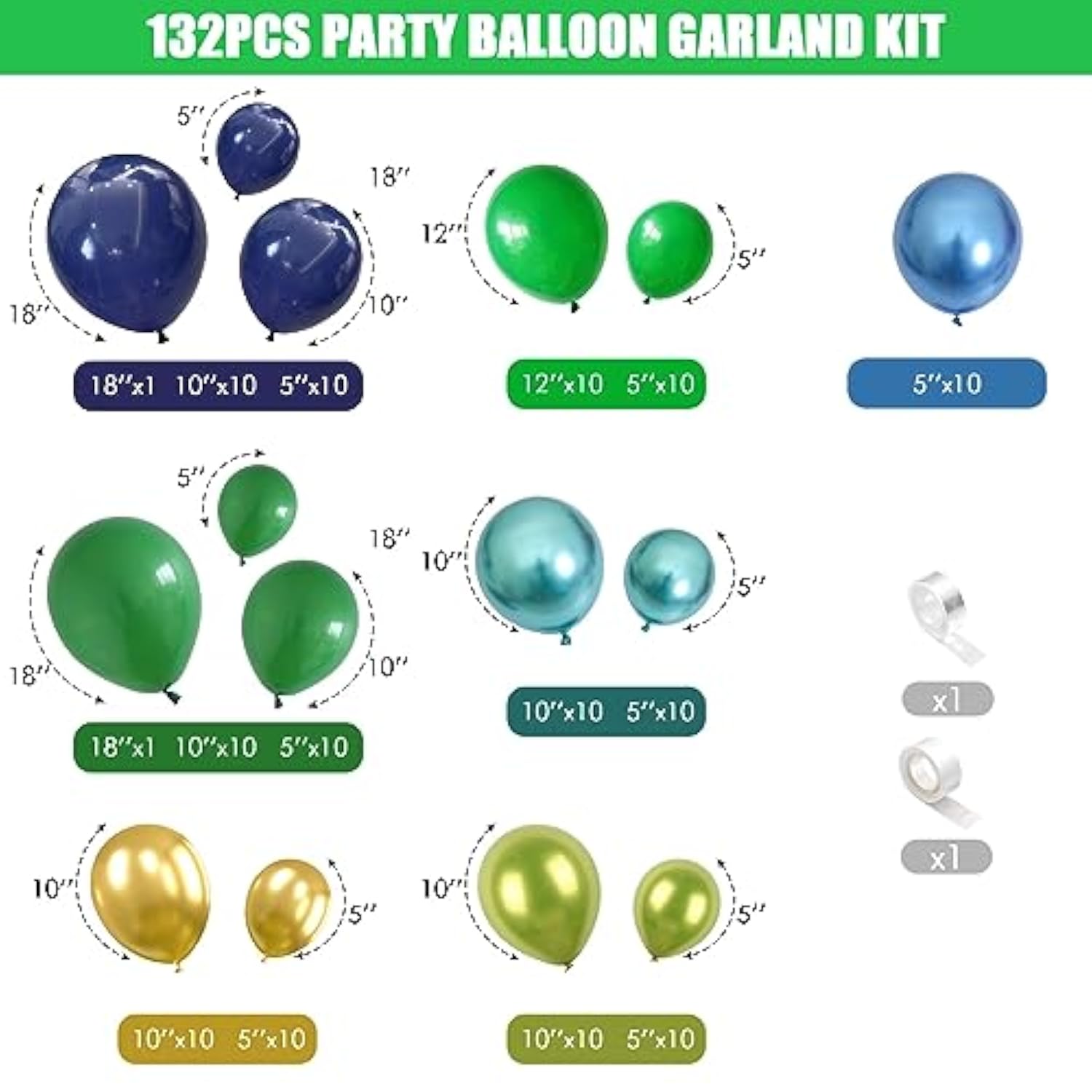 134pcs Blue & Green Balloon Garland Kit with Dino Balloons for Jungle Party Decor