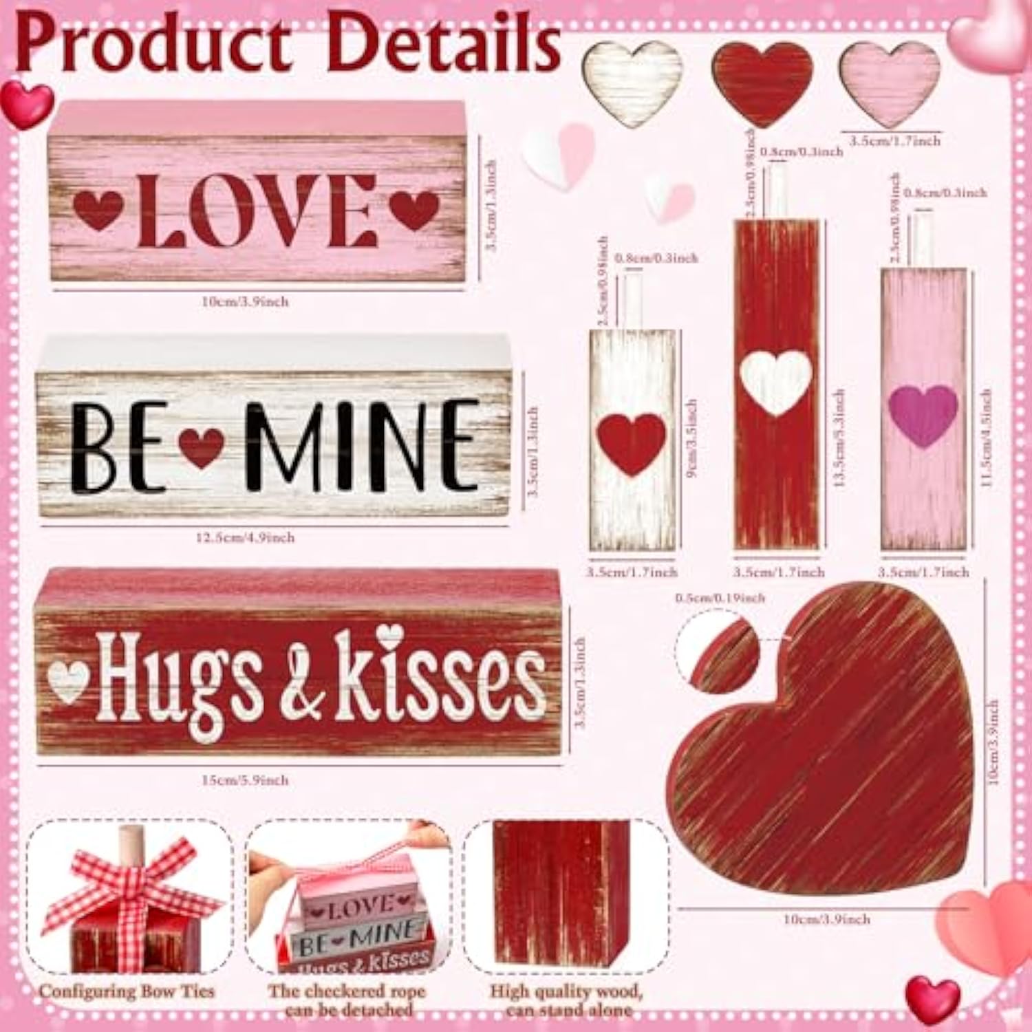 7 Pcs Valentine'S Day Table Decorations Valentine Tiered Tray Decor Valentine Day Centerpiece Red White And Pink Wooden Heart Block Sign With Bows Valentines Decor For Home Kitchen Mantel