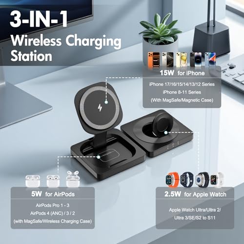 Magnetic Wireless Charger for iPhone: 3 in 1 for Travel 15W Fast Charging Pad Foldable for iPhone 17 16e 16 15 14 13 12 Pro Max - for Apple Watch