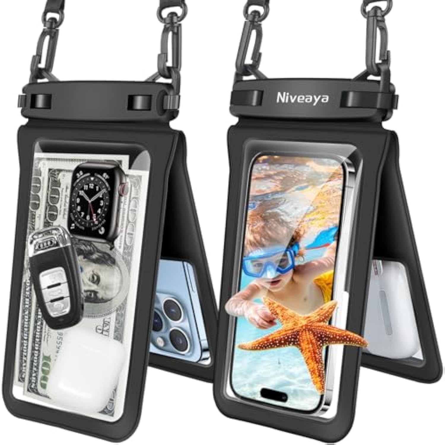 Double Space Waterproof Phone Pouch - 2 Pack, Waterproof Phone Lanyard Case With Iphone 16/15/14/13/12 Pro Max Up To 8.3", Phone Dry Bags For Vacation Beach Pool Kayak Cruise Travel Essentials