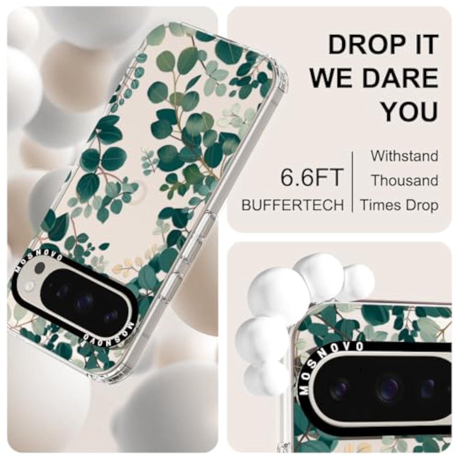 Pixel 9 Pro XL Case, Buffertech 6.6ft Drop Protection, Clear TPU, Eucalyptus