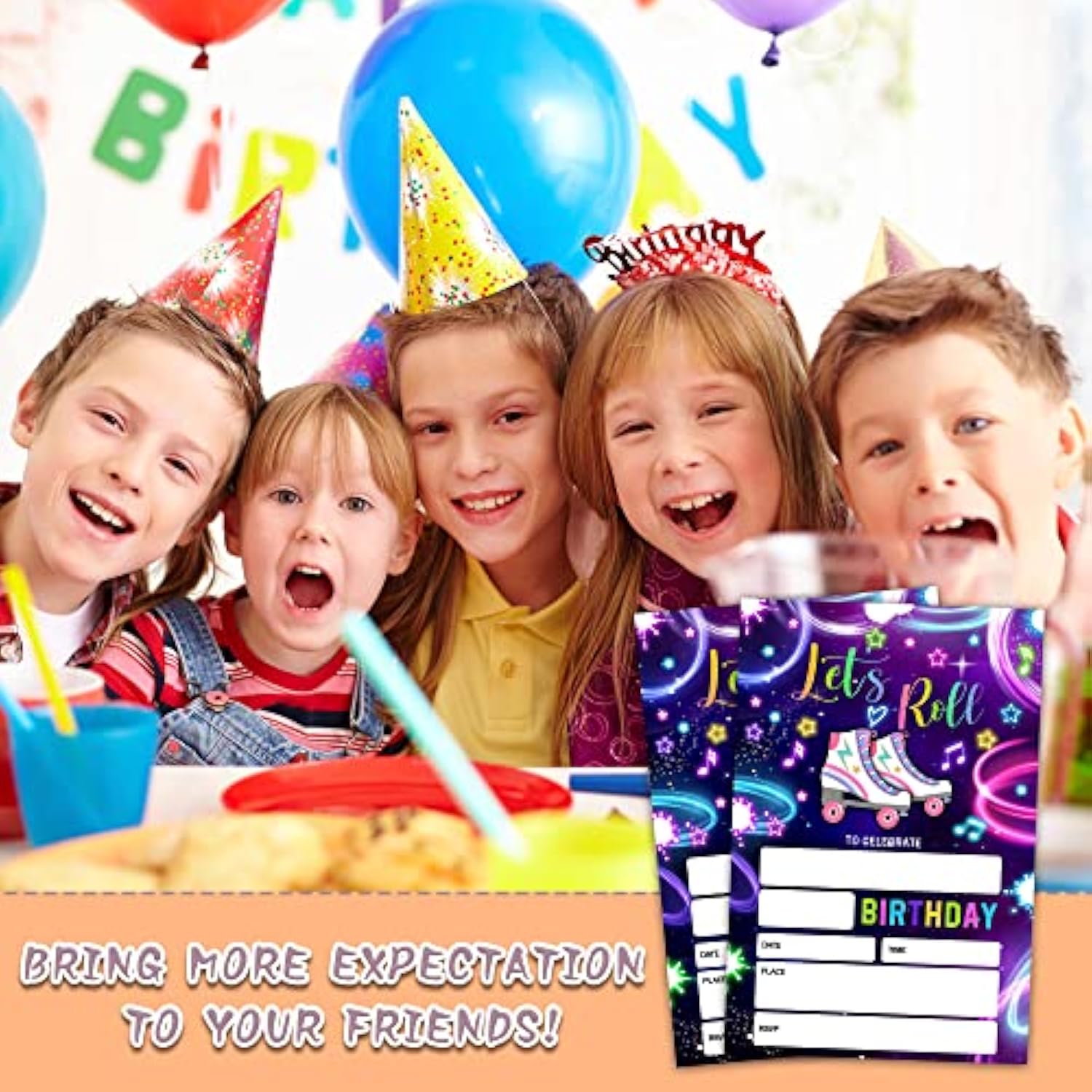 Birthday Invitations, 4"X6" Neon Roller Skating Birthday Party Invitations With Envelopes For Neon Glow Skate Party Decorations Supplies(20 Pieces)-C08