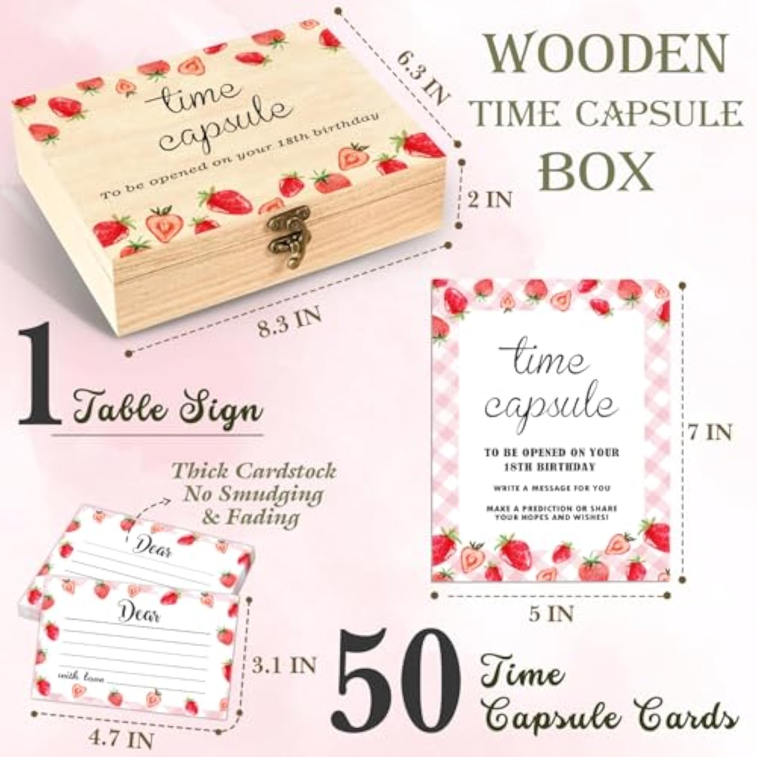 52 Pcs Time Capsule Set, 50 Strawberry Decorated Cards And 1 Time Capsule Sign Box, 1St Birthday Memory Preservation Box, Baby Shower Memory Preservation Time Capsule Box For First Birthday