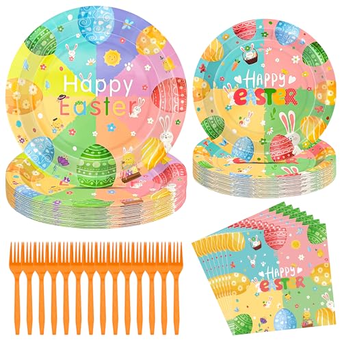 96 Pcs Easter Plates and Napkins Sets, 350GSM Easter Paper Plates, Colorful Spring Disposable Plates Napkins Forks Dinner Plates, Easter Dinnerware Tableware Party Supplies