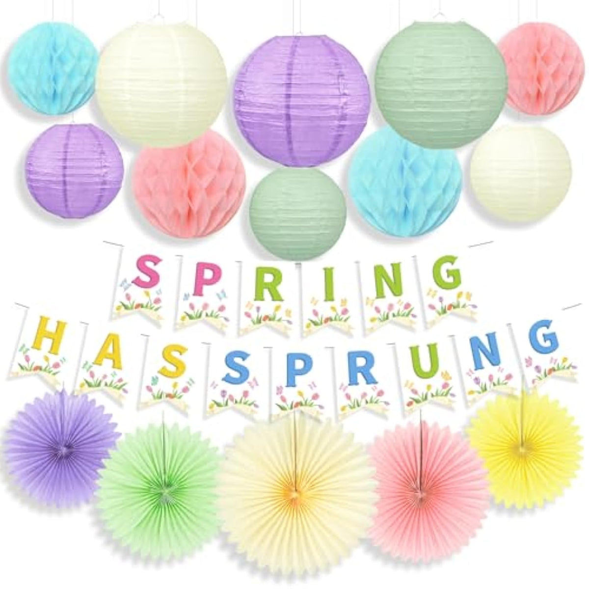 16 Pcs Spring Hanging Decorations With Spring Banner, Pastel Paper Fans, Lanterns & Honeycomb Balls – Spring Decorations For Office, Classroom, Baby Shower, Wedding & Easter Wall Decor