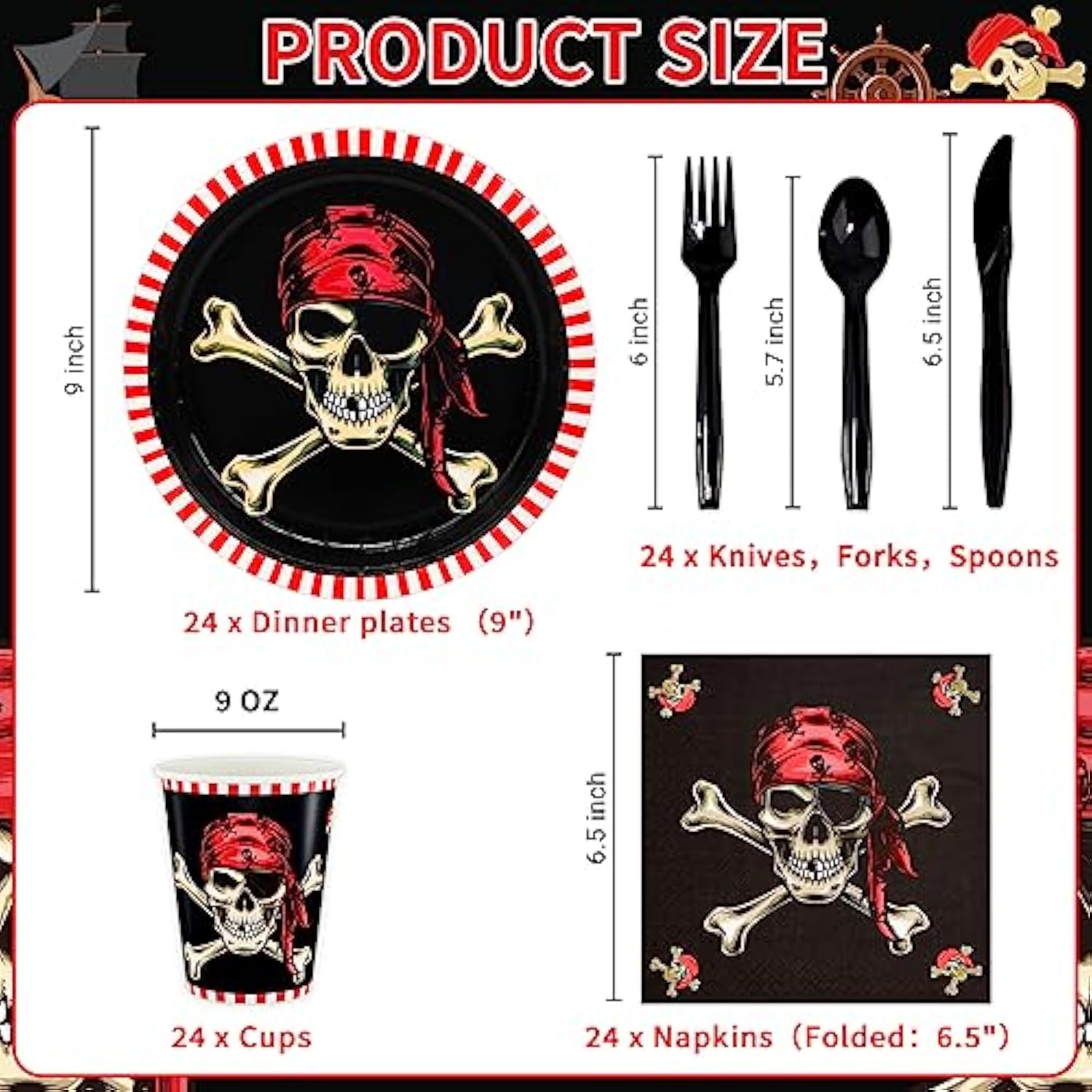 Pirate Party Supplies, Red Pirate Themed Party Decorations Skull Corssbone Pirate Birthday Party Favors For Kids Boys Tableware Set, 9 Inch Paper Plates Napkins Cups Cutlery, Serves 24, 144Pcs