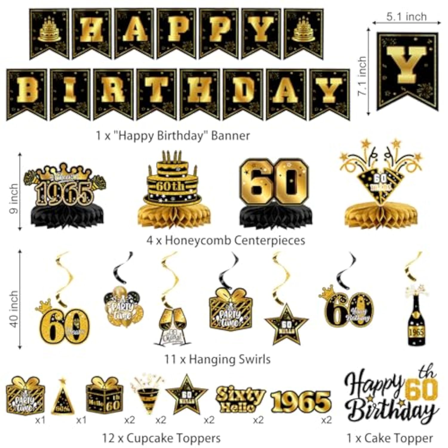 58Pcs 60Th Birthday Decorations For Men Women, 60Th Black Gold Party Supplies Backdrop, Honeycomb Centerpieces, Banner, Hanging Swirls, Foil & Latex Balloon, Cake & Cupcake Toppers, Pompons, Sash