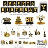 58Pcs 60Th Birthday Decorations For Men Women, 60Th Black Gold Party Supplies Backdrop, Honeycomb Centerpieces, Banner, Hanging Swirls, Foil & Latex Balloon, Cake & Cupcake Toppers, Pompons, Sash