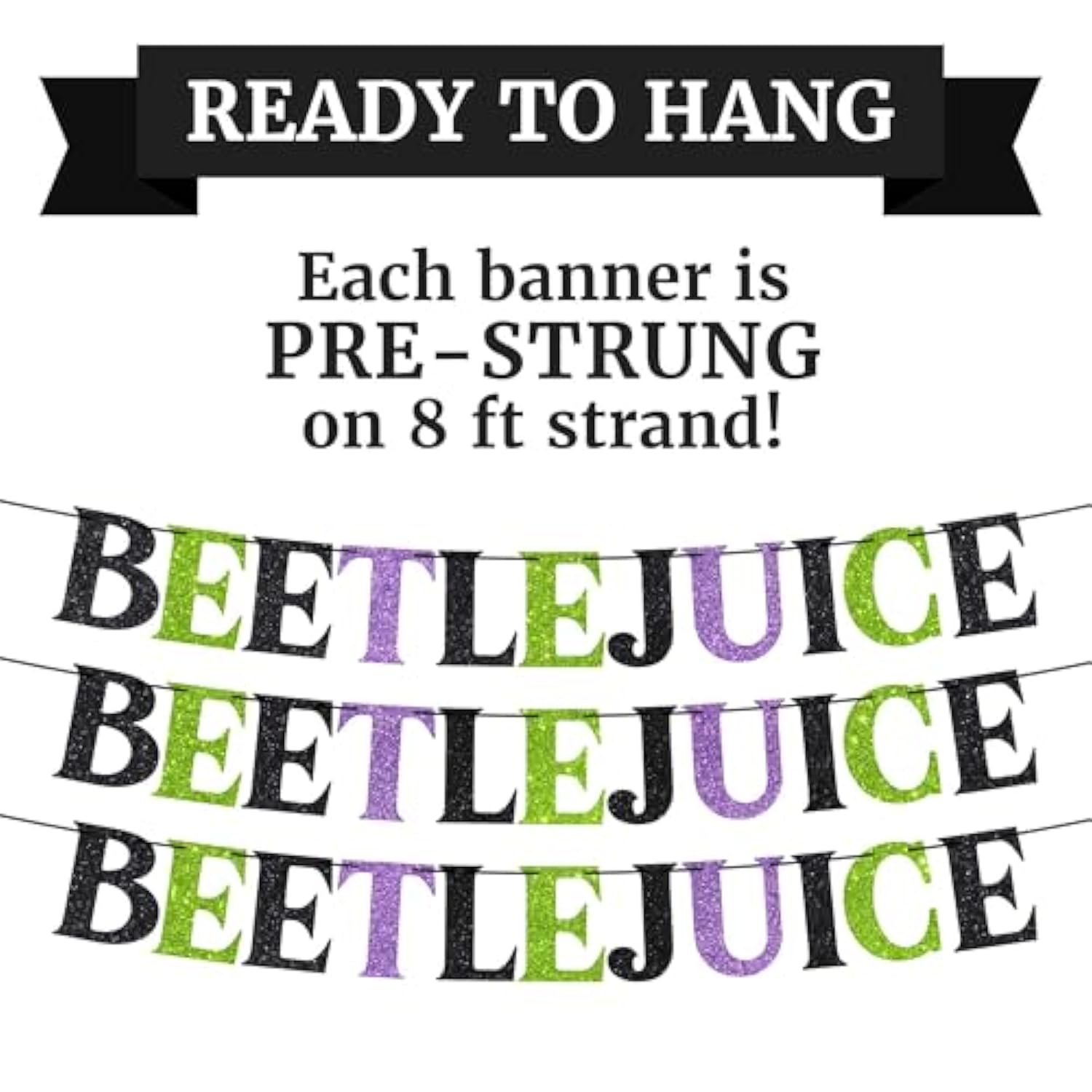 Pre Strung Beetlejuice Banner Purple Green Glitter Halloween Party Decor
