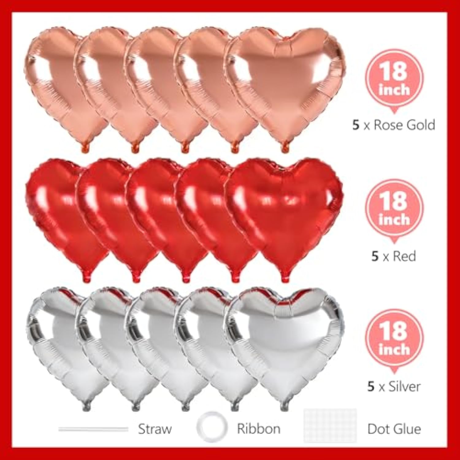 15 Pcs Heart Balloons For Valentines Day, 18 Inch Red Rose Gold Sliver Foil Heart Shaped Balloons For Galentines Day Birthday Baby Shower Bridal Shower Wedding Party Decorations