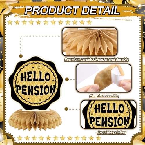 12 Pcs Retirement Party Decorations Honeycomb Gold Glitter Retirement Table Centerpieces 3D Double Sided Hello Pension Table Decoration Topper for Men Women Party Favors Supplies