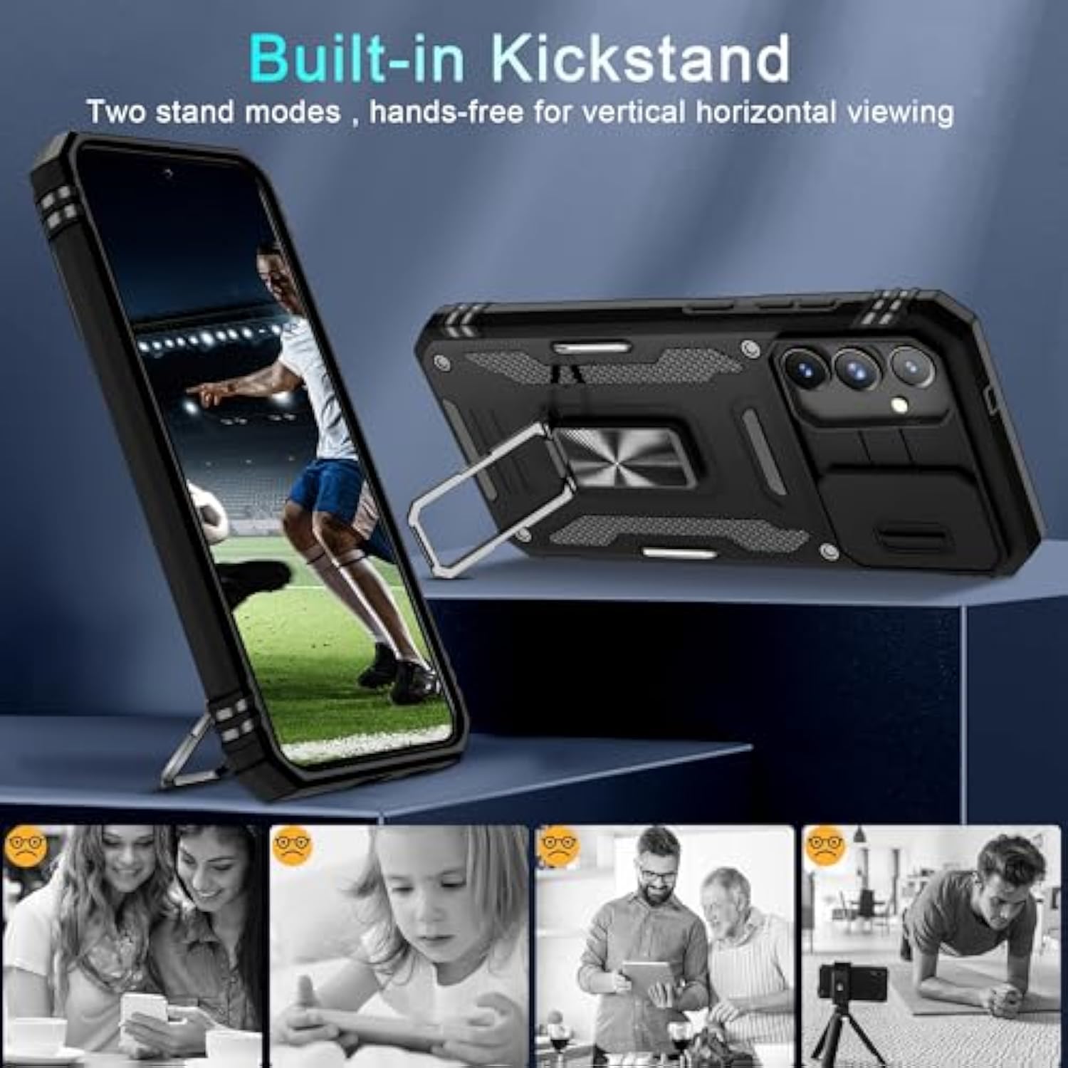 Case For Samsung Galaxy S24+ Plus With Slide Camera Cover+Screen Protector (1 Pack), Rotated Ring Kickstand Grade Shockproof Protective Cover-Black